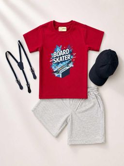 MALKIAT - Kids Red Printed Pure Cotton T-Shirt with Shorts & Cap Suspender