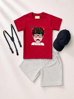 MALKIAT - Kids Red Printed Pure Cotton T-Shirt with Shorts & Cap Suspender