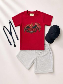 MALKIAT - Kids Red Printed Pure Cotton T-Shirt with Shorts & Cap Suspender