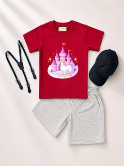 MALKIAT - Kids Red Printed Pure Cotton T-Shirt with Shorts & Cap Suspender
