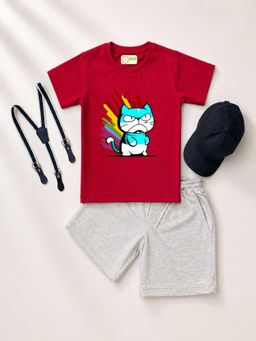MALKIAT - Kids Red Printed Pure Cotton T-Shirt with Shorts & Cap Suspender