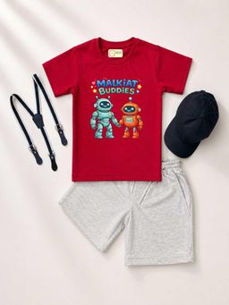 MALKIAT - Kids Red Printed Pure Cotton T-Shirt with Shorts & Cap Suspender