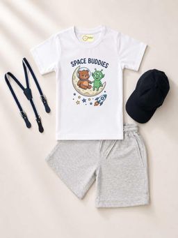 MALKIAT - Kids White Printed Pure Cotton T-Shirt with Shorts & Cap Suspender
