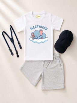 MALKIAT - Kids White Printed Pure Cotton T-Shirt with Shorts & Cap Suspender