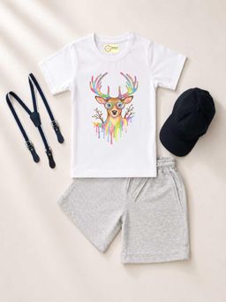 MALKIAT - Kids White Printed Pure Cotton T-Shirt with Shorts & Cap Suspender