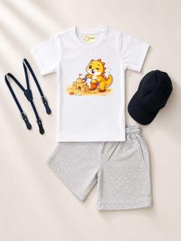 MALKIAT - Kids White Printed Pure Cotton T-Shirt with Shorts & Cap Suspender