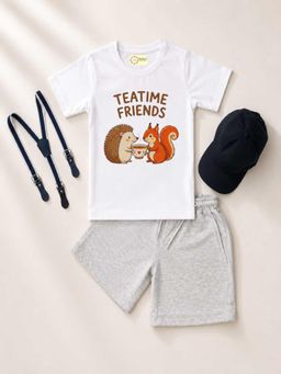 MALKIAT - Kids White Printed Pure Cotton T-Shirt with Shorts & Cap Suspender
