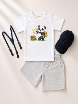 MALKIAT - Kids White Printed Pure Cotton T-Shirt with Shorts & Cap Suspender