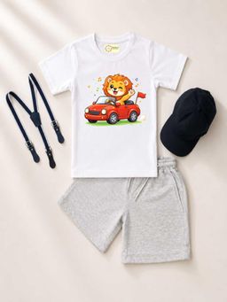 MALKIAT - Kids White Printed Pure Cotton T-Shirt with Shorts & Cap Suspender