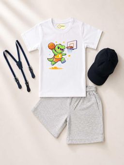 MALKIAT - Kids White Printed Pure Cotton T-Shirt with Shorts & Cap Suspender