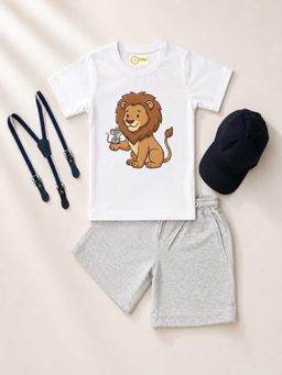 MALKIAT - Kids White Printed Pure Cotton T-Shirt with Shorts & Cap Suspender