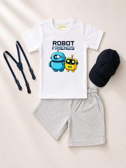MALKIAT - Kids White Printed Pure Cotton T-Shirt with Shorts & Cap Suspender