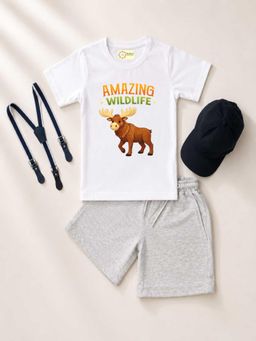 MALKIAT - Kids White Printed Pure Cotton T-Shirt with Shorts & Cap Suspender