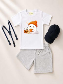 MALKIAT - Kids White Printed Pure Cotton T-Shirt with Shorts & Cap Suspender