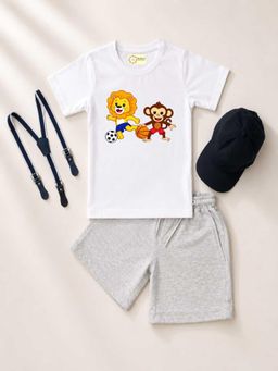 MALKIAT - Kids White Printed Pure Cotton T-Shirt with Shorts & Cap Suspender