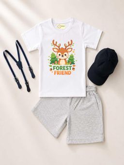 MALKIAT - Kids White Printed Pure Cotton T-Shirt with Shorts & Cap Suspender