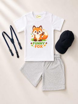 MALKIAT - Kids White Printed Pure Cotton T-Shirt with Shorts & Cap Suspender