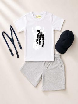 MALKIAT - Kids White Printed Pure Cotton T-Shirt with Shorts & Cap Suspender