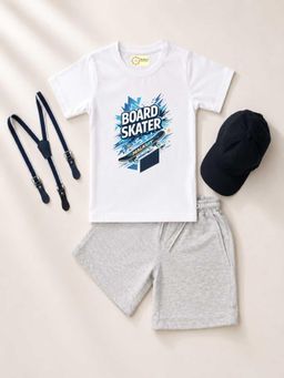 MALKIAT - Kids White Printed Pure Cotton T-Shirt with Shorts & Cap Suspender