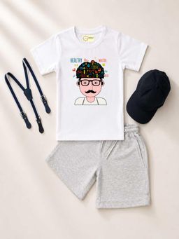 MALKIAT - Kids White Printed Pure Cotton T-Shirt with Shorts & Cap Suspender