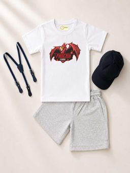 MALKIAT - Kids White Printed Pure Cotton T-Shirt with Shorts & Cap Suspender