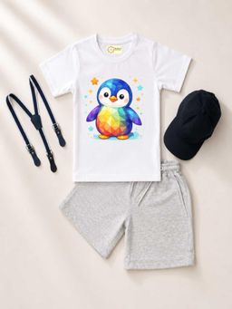 MALKIAT - Kids White Printed Pure Cotton T-Shirt with Shorts & Cap Suspender