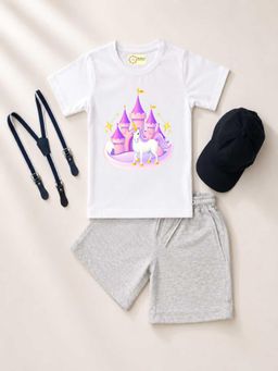MALKIAT - Kids White Printed Pure Cotton T-Shirt with Shorts & Cap Suspender