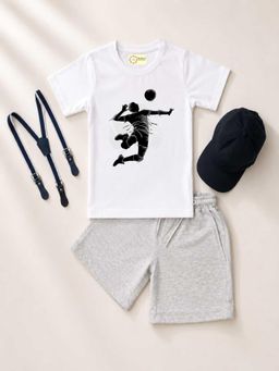 MALKIAT - Kids White Printed Pure Cotton T-Shirt with Shorts & Cap Suspender