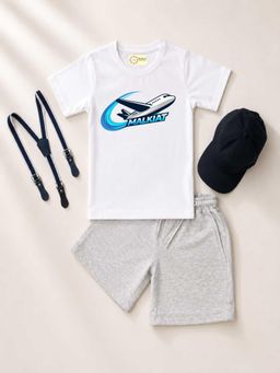 MALKIAT - Kids White Printed Pure Cotton T-Shirt with Shorts & Cap Suspender