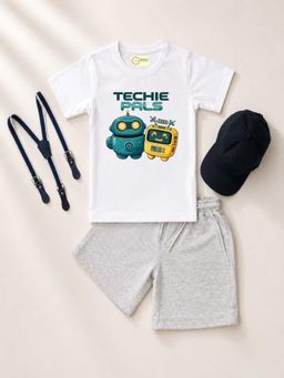 MALKIAT - Kids White Printed Pure Cotton T-Shirt with Shorts & Cap Suspender