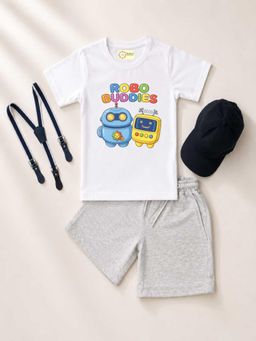 MALKIAT - Kids White Printed Pure Cotton T-Shirt with Shorts & Cap Suspender