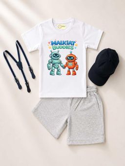 MALKIAT - Kids White Printed Pure Cotton T-Shirt with Shorts & Cap Suspender
