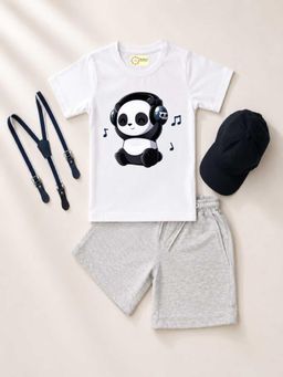 MALKIAT - Kids White Printed Pure Cotton T-Shirt with Shorts & Cap Suspender