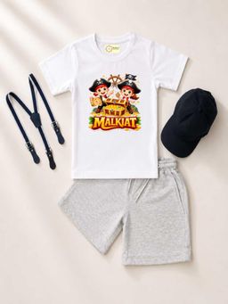 MALKIAT - Kids White Printed Pure Cotton T-Shirt with Shorts & Cap Suspender