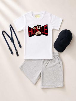 MALKIAT - Kids White Printed Pure Cotton T-Shirt with Shorts & Cap Suspender
