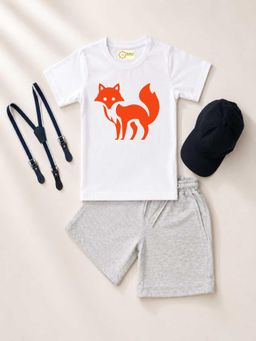 MALKIAT - Kids White Printed Pure Cotton T-Shirt with Shorts & Cap Suspender