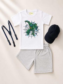 MALKIAT - Kids White Printed Pure Cotton T-Shirt with Shorts & Cap Suspender