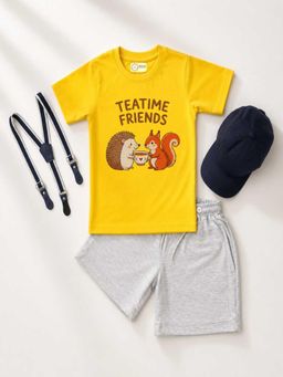 MALKIAT - Kids Yellow Printed Pure Cotton T-Shirt with Shorts & Cap Suspender