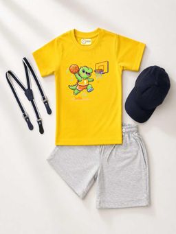 MALKIAT - Kids Yellow Printed Pure Cotton T-Shirt with Shorts & Cap Suspender