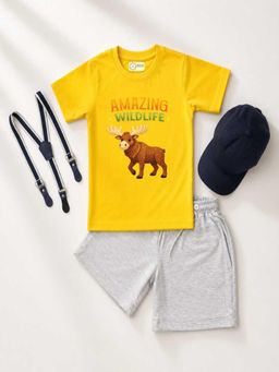 MALKIAT - Kids Yellow Printed Pure Cotton T-Shirt with Shorts & Cap Suspender