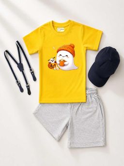 MALKIAT - Kids Yellow Printed Pure Cotton T-Shirt with Shorts & Cap Suspender