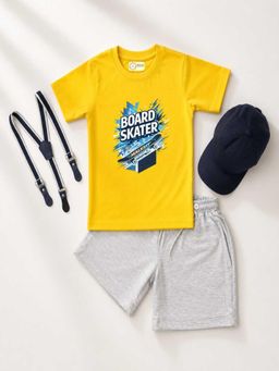 MALKIAT - Kids Yellow Printed Pure Cotton T-Shirt with Shorts & Cap Suspender
