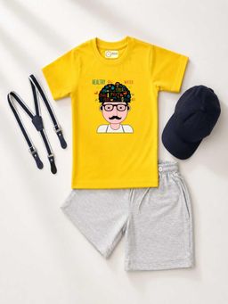 MALKIAT - Kids Yellow Printed Pure Cotton T-Shirt with Shorts & Cap Suspender