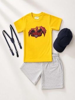 MALKIAT - Kids Yellow Printed Pure Cotton T-Shirt with Shorts & Cap Suspender