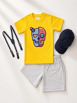 MALKIAT - Kids Yellow Printed Pure Cotton T-Shirt with Shorts & Cap Suspender