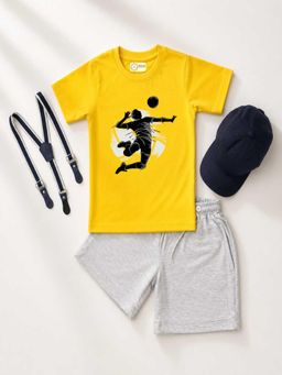 MALKIAT - Kids Yellow Printed Pure Cotton T-Shirt with Shorts & Cap Suspender