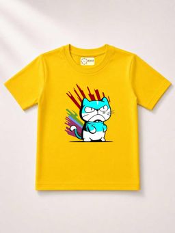 MALKIAT - Kids Yellow Printed Pure Cotton T-Shirt with Shorts & Cap Suspender
