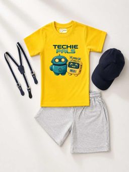 MALKIAT - Kids Yellow Printed Pure Cotton T-Shirt with Shorts & Cap Suspender