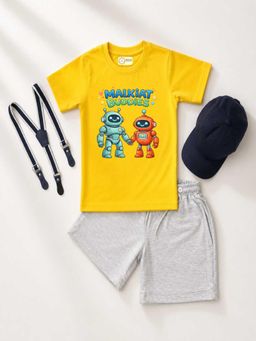 MALKIAT - Kids Yellow Printed Pure Cotton T-Shirt with Shorts & Cap Suspender