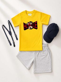 MALKIAT - Kids Yellow Printed Pure Cotton T-Shirt with Shorts & Cap Suspender